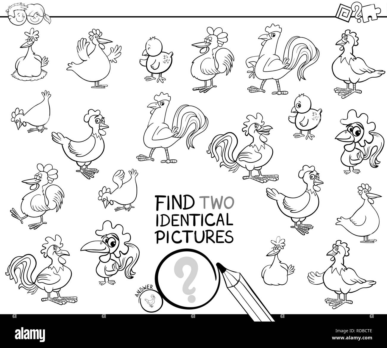 Schwarze und Weiße Cartoon Illustration, zwei identische Bilder Lernspiel für Kinder mit Hennen und Hähne Chicken Farm Animal Verwen Stock Vektor