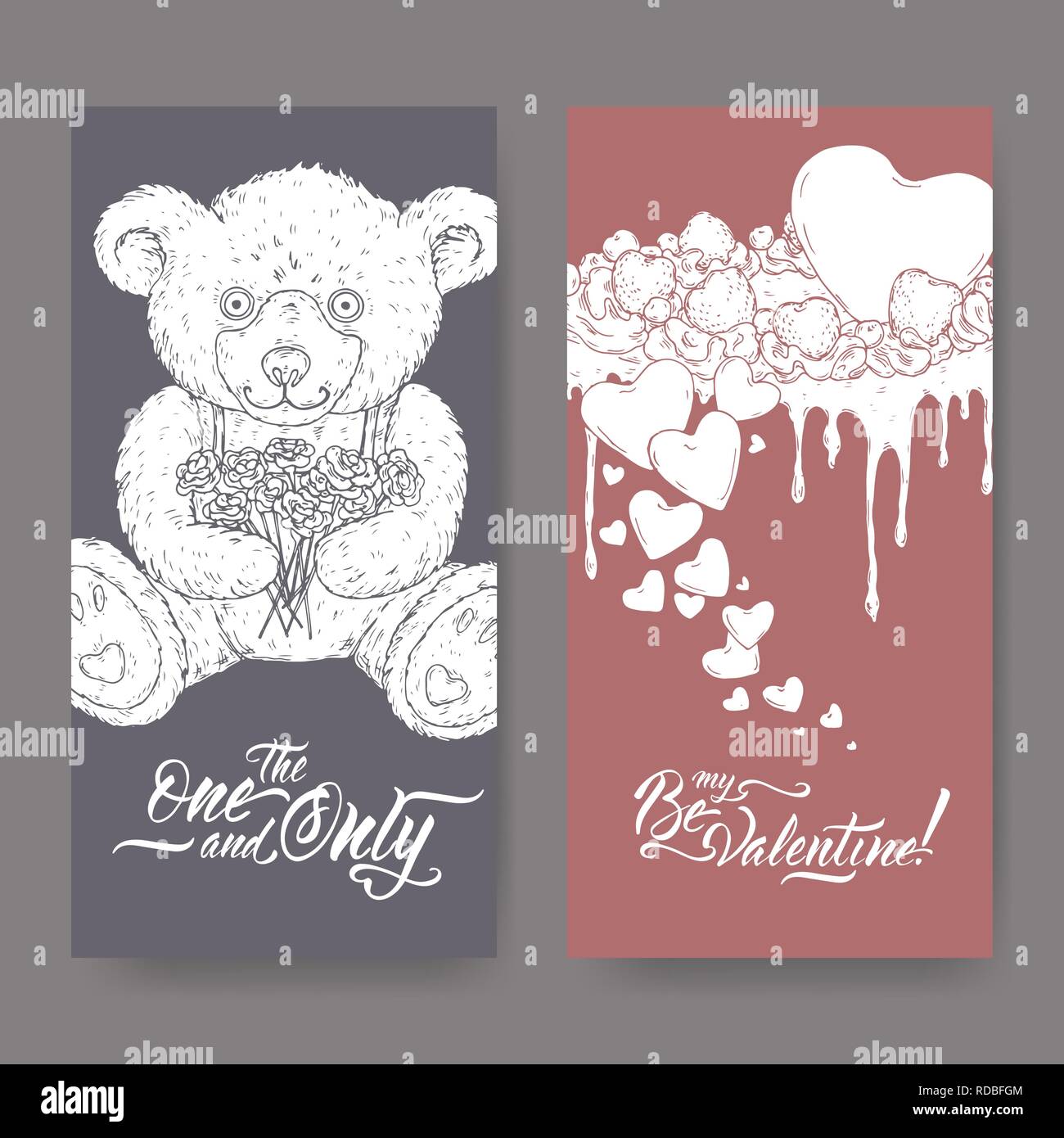 Zwei Valentine romantische Banner mit Teddybär, Kuchen mit Herzen und Bürste Schriftzug verziert. Stock Vektor