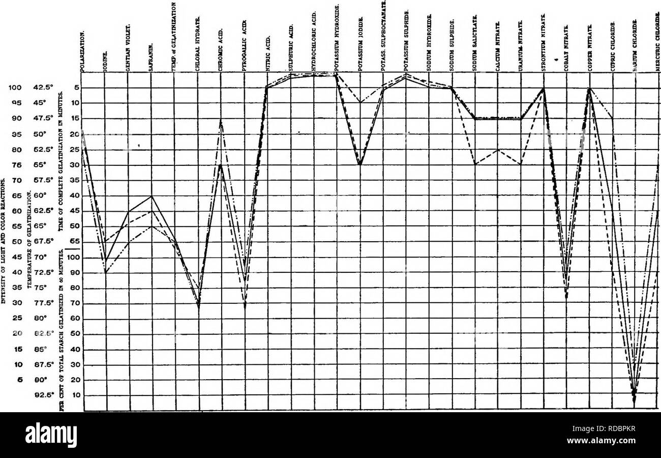 . A biochemic Basis für das Studium der Taxonomie, Vererbung, Evolution, etc., mit besonderer Bezugnahme auf die Stärke und das Gewebe des Elternteils - Aktien und Hybrid-Bestände und die Stärke und hämoglobine von Sorten, Arten und Gattungen. Stärke; Biochemie; Pflanzen-hybriden; Pflanzen. 280. Diagramm E 42.- zusammengesetzte Kurven der Stärken der Phaius grandifalius (), Phaius wallichii {- und Phaius hybridus (). -), 100 es eo als 3" 60 8 ss 5 60 E 0 40 e 3 S 5 30 42,6 * 45 * ICH 47,6-j 60 j 67,6 62,5 "j-j160-I 362,5'I G I S67.B - 170 - ich | 72. S'o! 675 * Ich 77,5 -! 20 82.5 X 10 87.5" Stockfoto