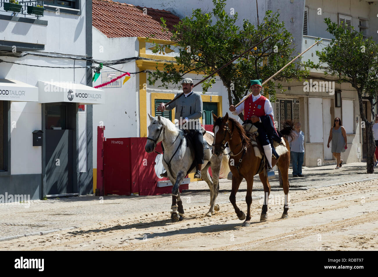 Die Parade der Gespanne und die Stiere in den Straßen während der festas do Barrete Verde e das Salinas, Provinz Alcochete, Setubal, Portugal Stockfoto