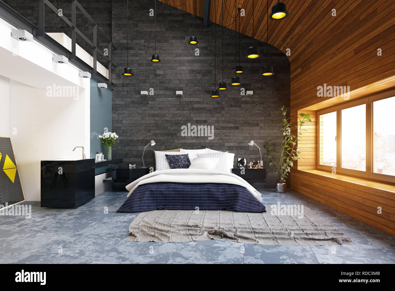 Moderne loft Schlafzimmer Innenraum. 3D-rendering Design Stockfoto