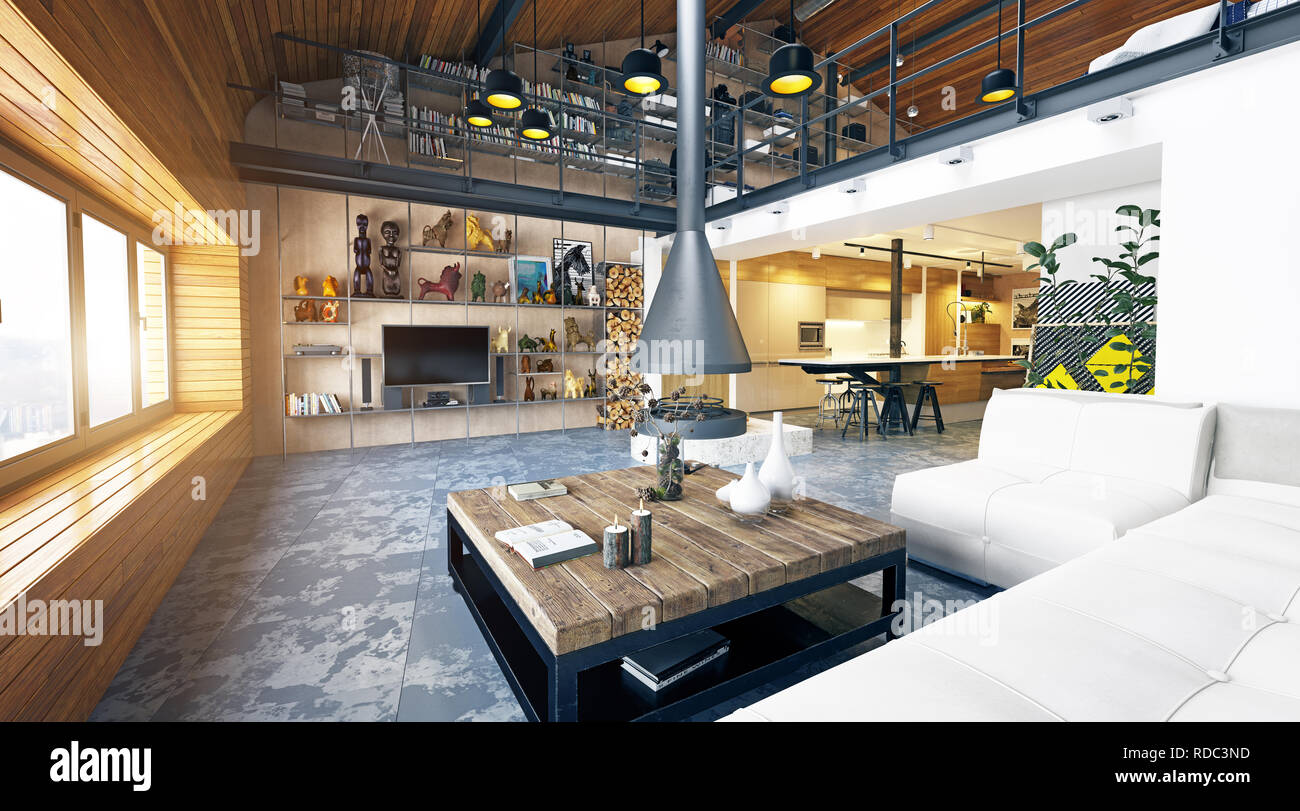 moderne loft wohnzimmer eingerichtet. 3d-rendering design konzept