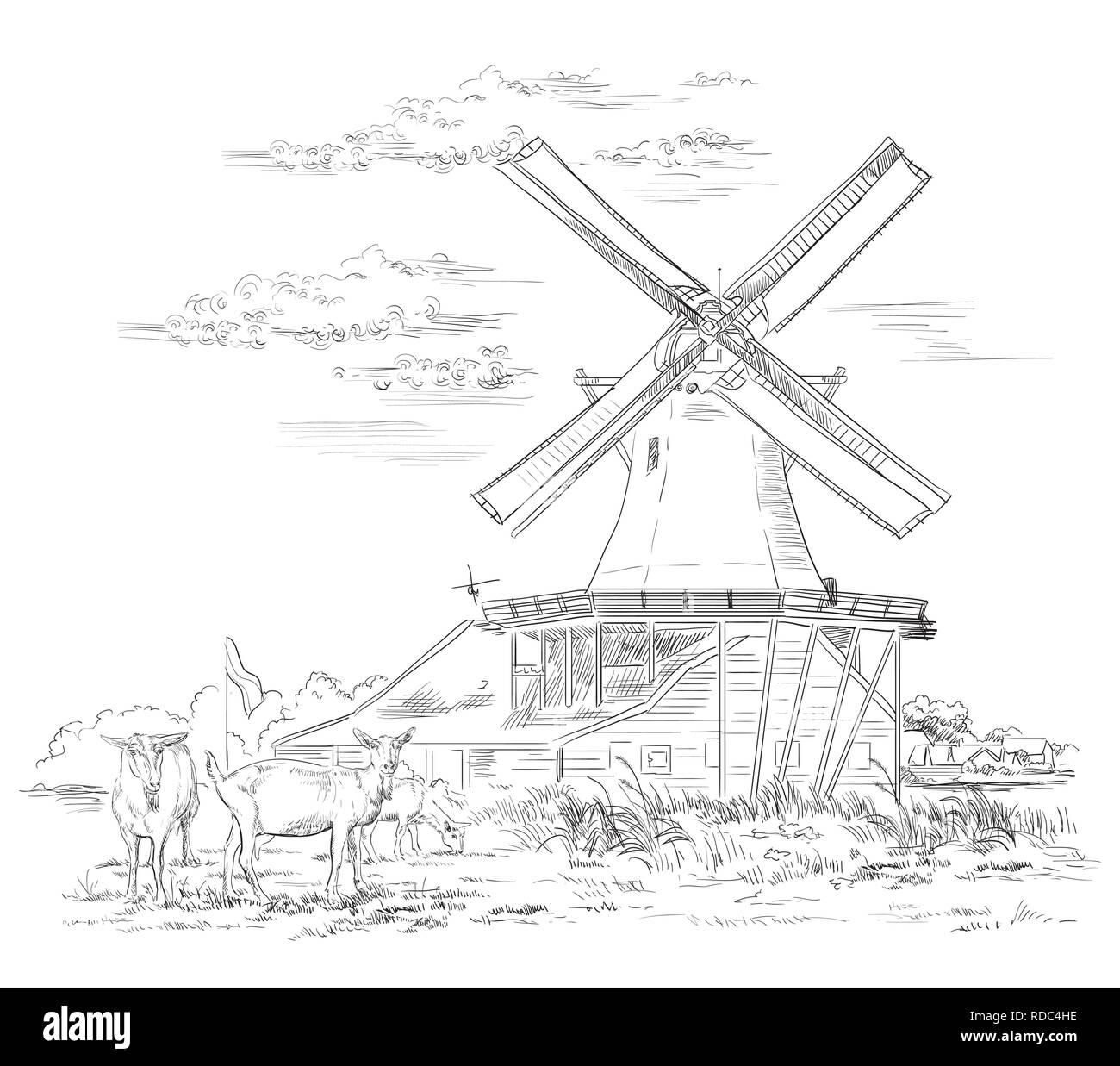 Vektor hand Zeichnung Abbildung: Wassermühle in Amsterdam (Niederlande, Holland). Wahrzeichen von Holland. Wassermühle und Ziegen grasen auf der Weide. Ve Stock Vektor