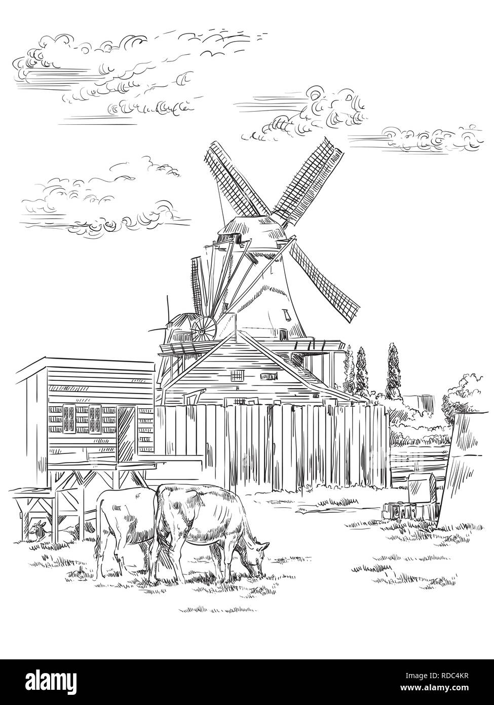 Vektor hand Zeichnung Abbildung: Wassermühle in Amsterdam (Niederlande, Holland). Wahrzeichen von Holland. Wassermühle und grasende Kühe auf der Wiese. Vect Stock Vektor