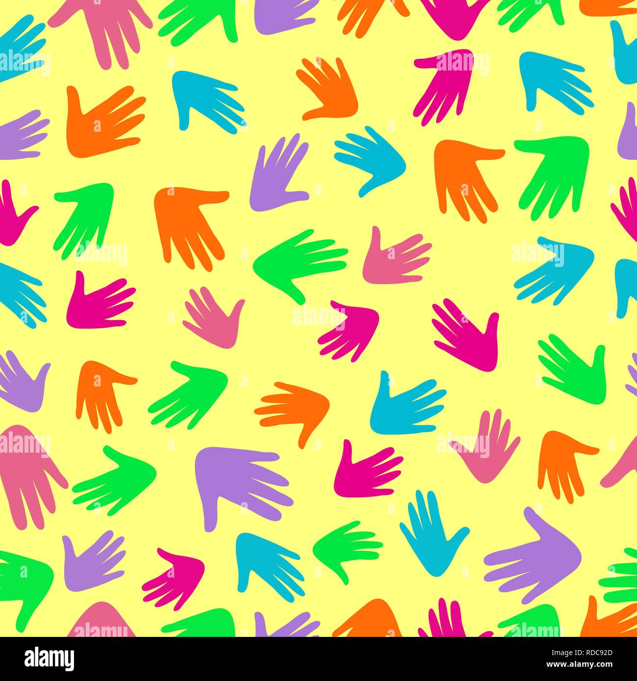 Bunte vektor Muster mit Abbildung eines Menschen die Hände mit unterschiedlichen Haut Farbe zusammen. Stock Vektor