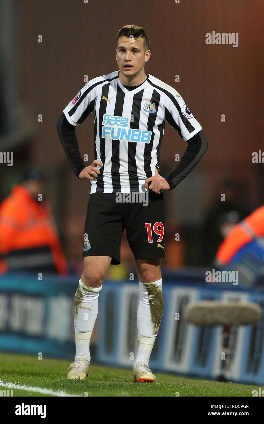 BLACKBURN, 15. Januar 2019. Javi Manquillo des Newcastle United im FA Cup in die dritte Runde replay zwischen Blackburn Rovers und Newcastle United im Ewood Park, Blackburn am Dienstag, den 15. Januar 2019. (Foto: Mark Fletcher | MI Nachrichten & Sport | Alamy) Stockfoto