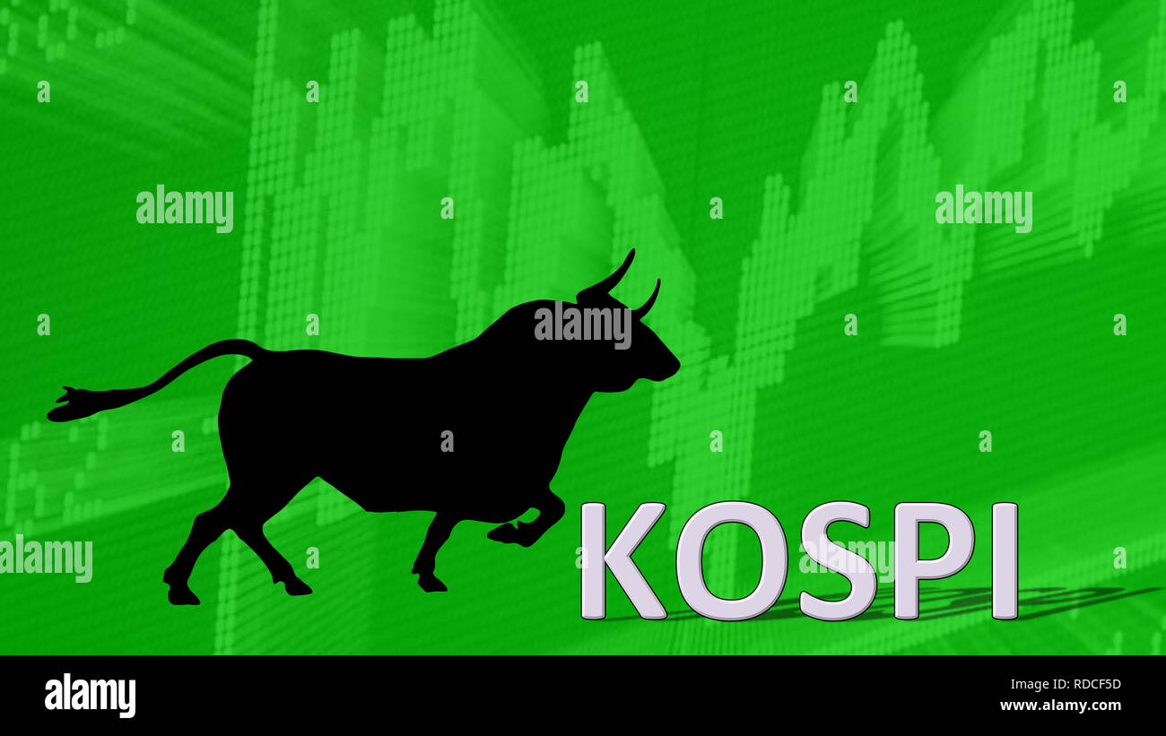 Die Korea Composite Aktienkursindex oder kospi wird. Hinter dem Wort KOSPI ist ein schwarzer Stier Silhouette mit Hörnern, die auf einem grünen Aufsteigend... Stockfoto
