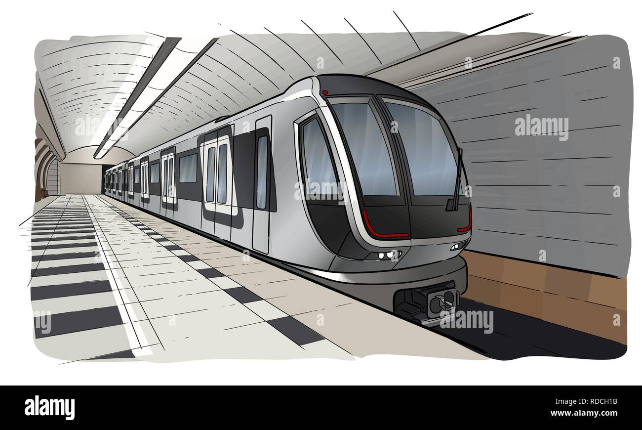 Handskizze der u-bahn Station mit dem Zug gezeichnet Stock Vektor