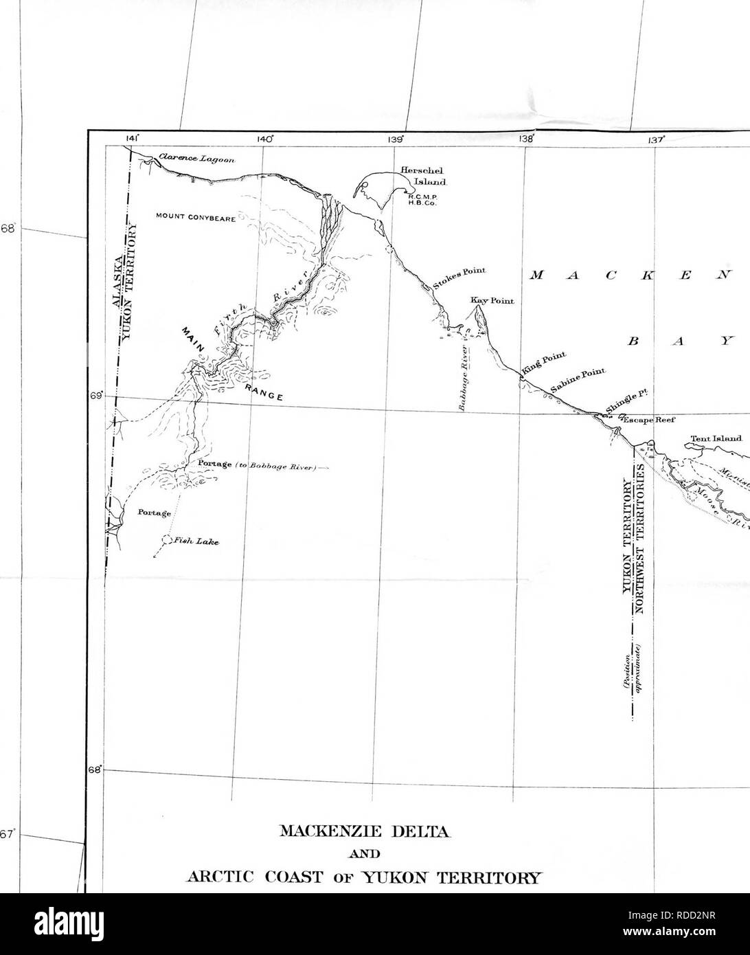 . Bericht der Kanadischen Arktis Expedition 1913-18. Wissenschaftliche Expeditionen. MACEENZIE DELTA. ANB arktischen Küste oder TTJKO: Psr Gebiet Skala, i, oi3,7eo oi? lIiich-Tol 6 Meilen *?,. ^. . 9^22 22 40 "^"^""? ^^°^1° • "*^ eo70 Go 140 139° 138 137 124 122. Bitte beachten Sie, dass diese Bilder sind von der gescannten Seite Bilder, die digital für die Lesbarkeit verbessert haben mögen - Färbung und Aussehen dieser Abbildungen können nicht perfekt dem Original ähneln. extrahiert. Kanadische Arktis Expedition (1913-1918). Ottawa, F.A. Acland, Drucker zum König Stockfoto