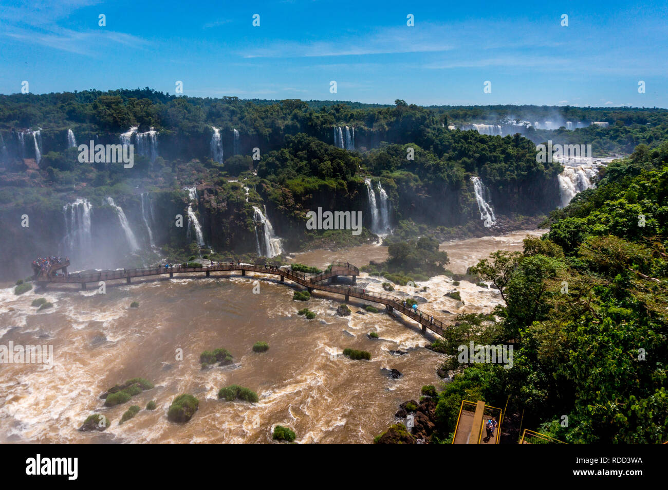 Luftaufnahme von Iguazu Wasserfälle und eine Fußgängerbrücke über dem Fluss Iguazu Stockfoto