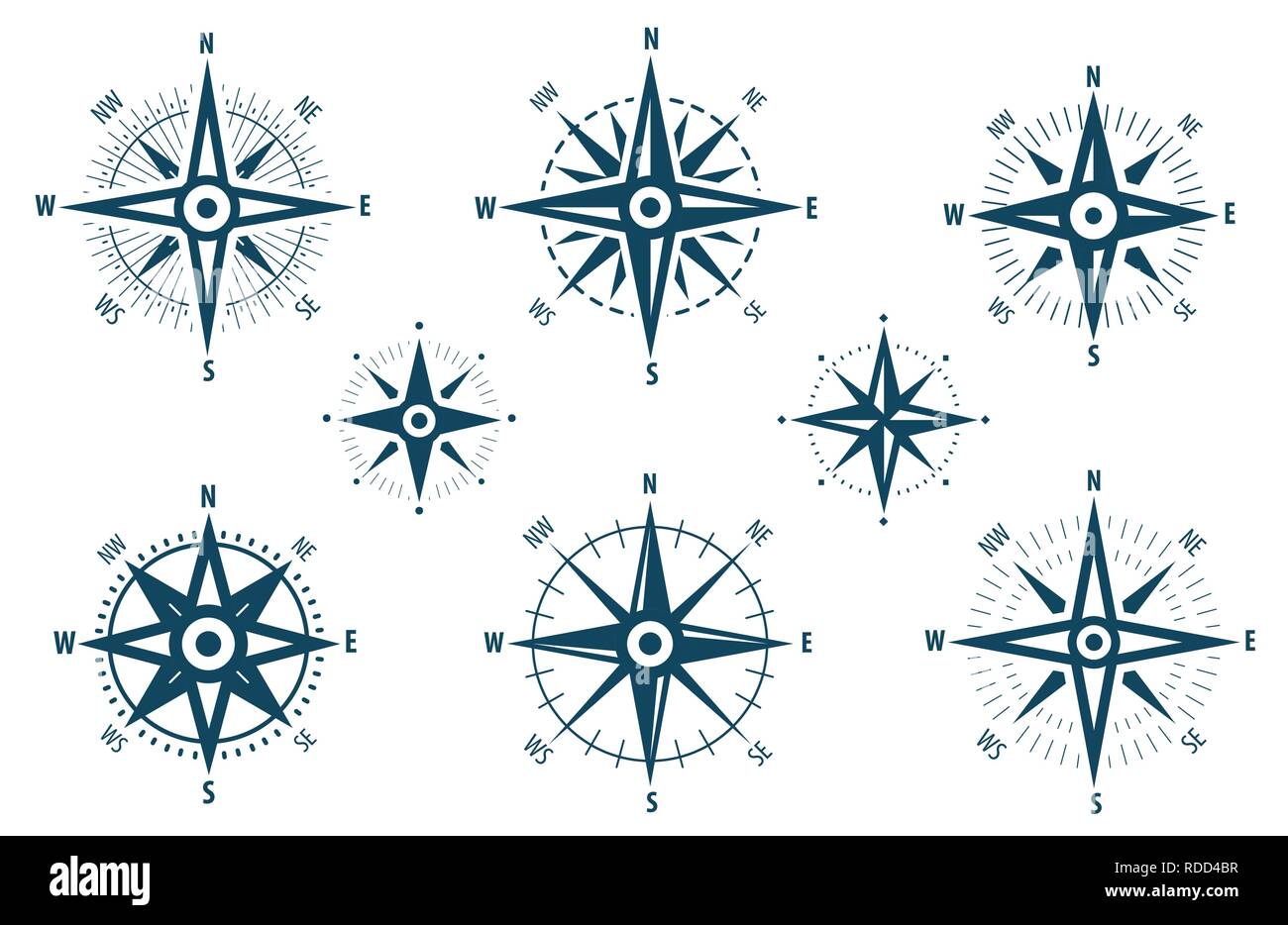Kompass Symbol gesetzt. Marine Navigation, Wind rose Symbol. Vector Illustration Stock Vektor
