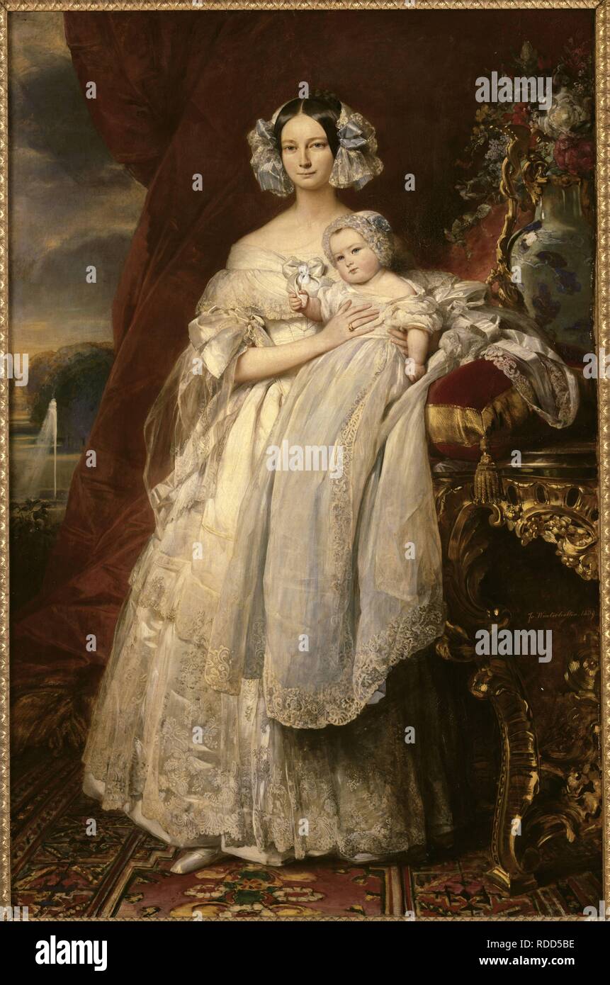 Porträt von Helene von Mecklenburg-Schwerin (1814-1858), Herzogin von Orleans mit ihrem Sohn des Grafen von Paris. Museum: Musée de l'Histoire de France, Château de Versailles. Autor: Winterhalter, Franz Xavier. Stockfoto