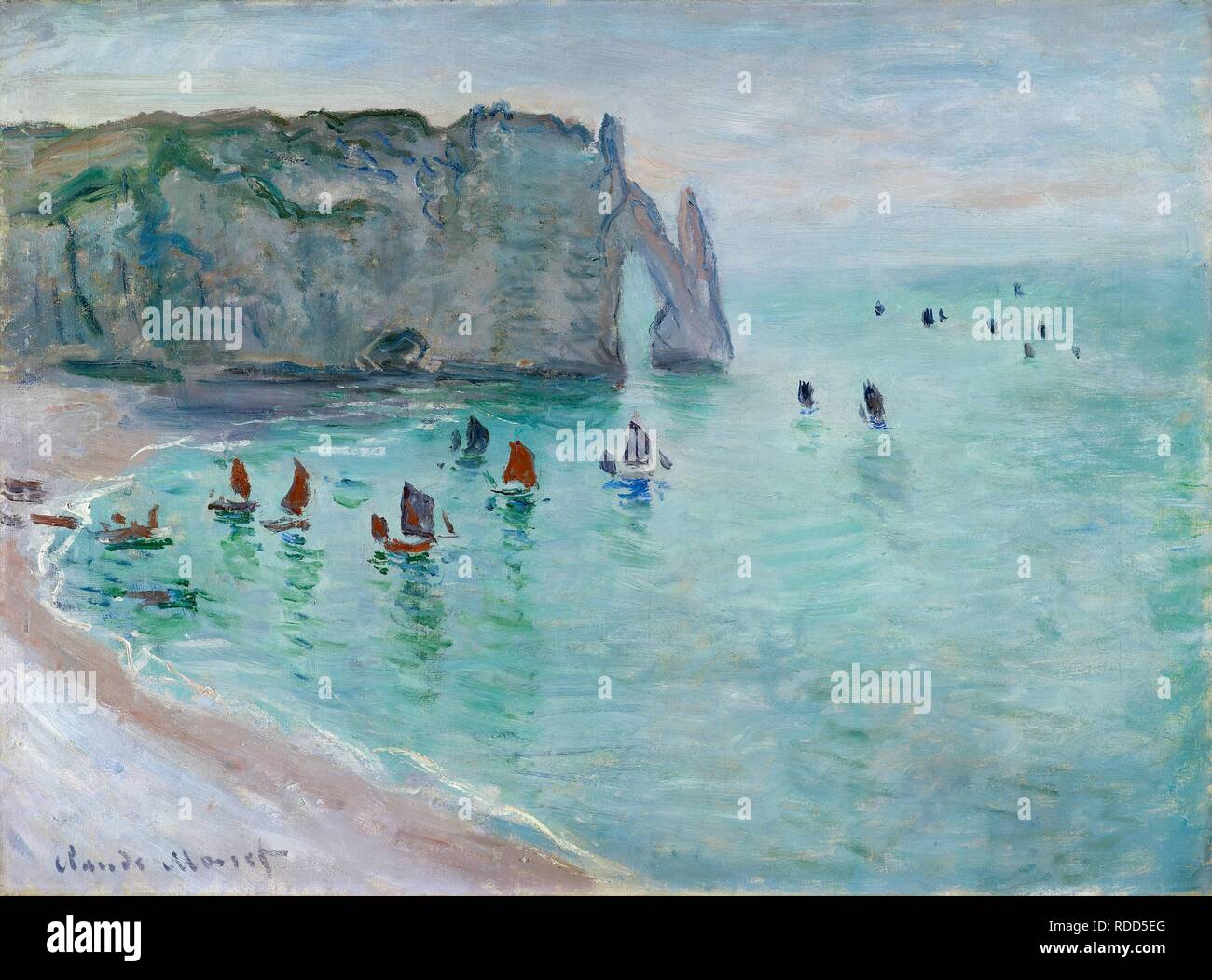 Étretat, La Porte d'Aval, Angeln Boote aus dem Hafen. Museum: Musée des Beaux-Arts, Dijon. Thema: Monet, Claude. Stockfoto