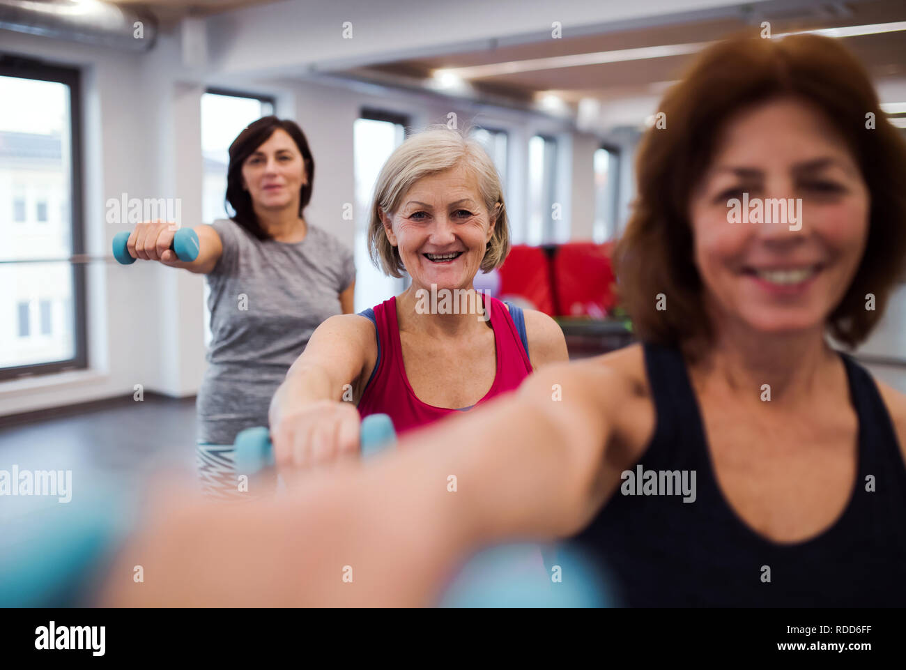 Gruppe von fröhlichen weibliche Senioren in der Turnhalle tun Übung mit Hanteln. Stockfoto