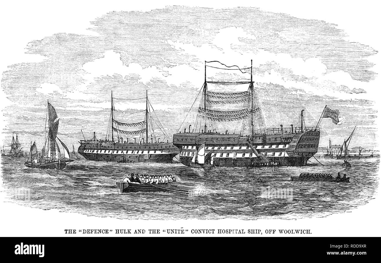 Gefängnis Wracks der "HMS Defence" Gefängnis Hulk auf der rechten Seite mit der "HMS Unite' überführen Krankenhaus Schiff im Hintergrund aus Woolwich etwa 1850 Stockfoto