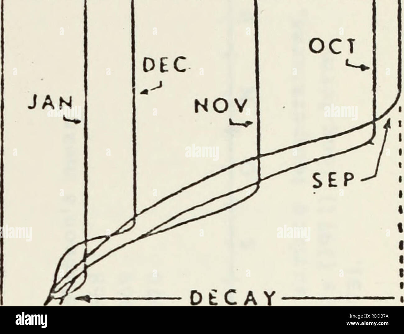 . Die Auswirkungen der Wärmeaustausch und thermische Advektion auf die Änderungsrate der Temperatur am Ozean Wetterstation November.. Ozeanographie. -50 -75 - -100-. Abbildung 6: Schematische Darstellung der saisonale Wachstum und Zerfall der Thermokline bei 0 WS NOVEMBER (nach Beland, 1971). 21. Bitte beachten Sie, dass diese Bilder sind von der gescannten Seite Bilder, die digital für die Lesbarkeit verbessert haben mögen - Färbung und Aussehen dieser Abbildungen können nicht perfekt dem Original ähneln. extrahiert. Thorne, Larry Martin.. Stockfoto