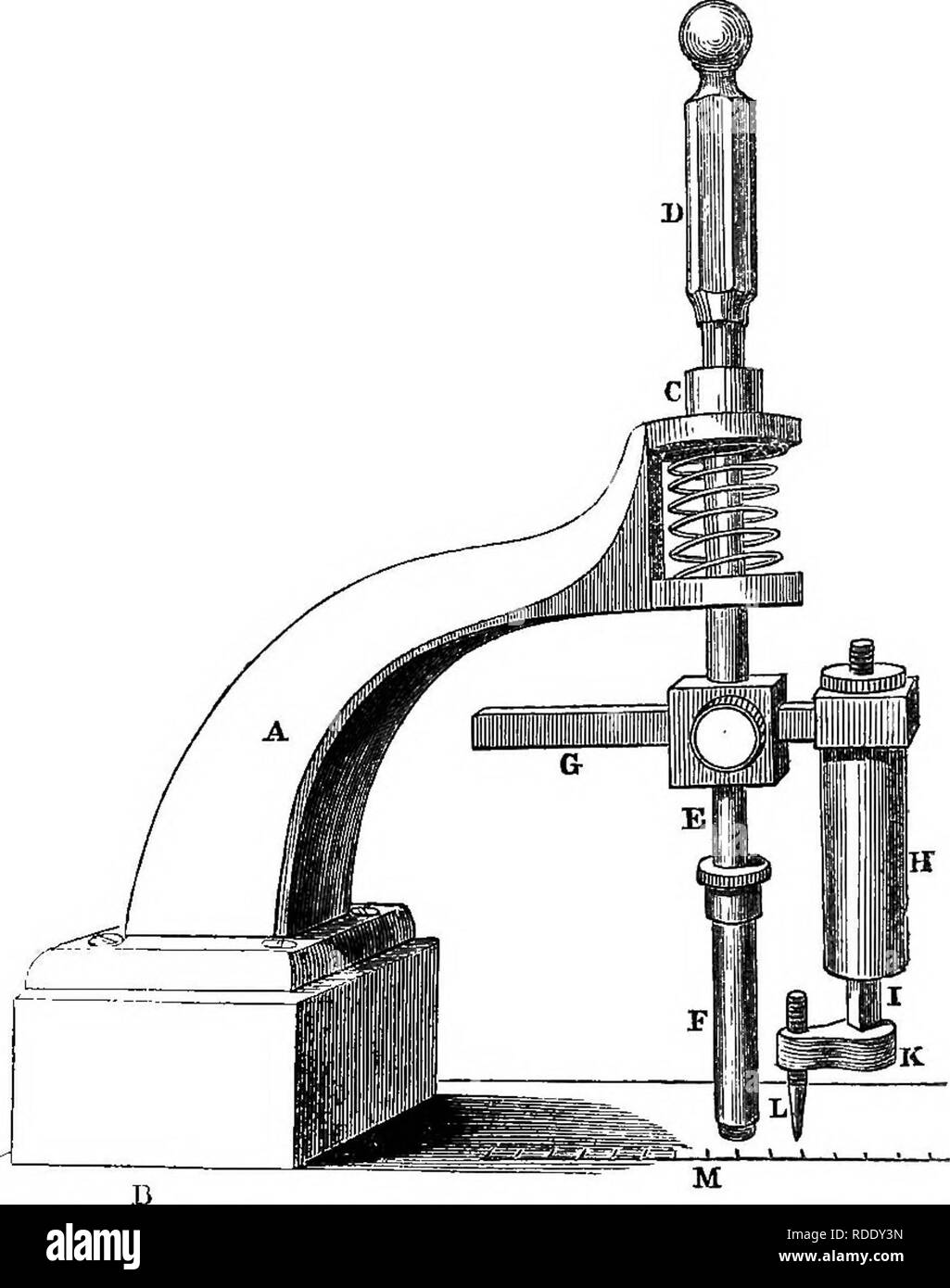 . Eine praktische Abhandlung über den Einsatz des Mikroskops, einschließlich der verschiedenen Methoden der Vorbereitung und Prüfung der tierischen, pflanzlichen und mineralischen Strukturen. Mikroskope, Mikroskopie. Auf Schneiden von Glas. 269 So schnell wie ein vollständiger Kreis wird durch die Diamond Punkt markiert, die Finger werden entfernt, und der Schaft ist aus dem Glas durch die Heliakischen Feder angehoben. Durch dieses Instrument, da durch Herrn Shad-Schraube, das Glas zu schneiden ist fest in der Mitte befestigt, und auf dieses Konto ein Stück ein wenig größer als der Kreis geschnitten werden nur erforderlich ist.. Abb. 172.. Bitte beachten Sie, dass diese Bilder aus scanne extrahiert werden Stockfoto
