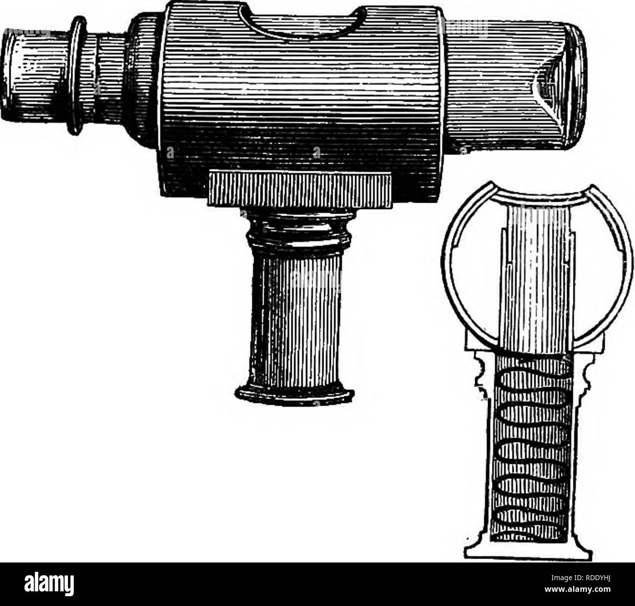 . Eine praktische Abhandlung über den Einsatz des Mikroskops, einschließlich der verschiedenen Methoden der Vorbereitung und Prüfung der tierischen, pflanzlichen und mineralischen Strukturen. Mikroskope, Mikroskopie. Zubehör Instrumente. 143 Stück Metall den Schwanz nach unten zu halten. Einige der Vorteile dieser kleinen Apparat wiU im Folgenden angedeutet werden. Röhrchenhalter. - dieses Instruments, die Erfindung von Herrn Varley, ist in Höhe von abb. dargestellt. 97 und in Abschnitt durch das Bild. 98. Es besteht aus einem Rohr aus Messing über einen Zoll - und unter -. Abb. 97. Abb.! Ein-halb im Durchmesser, und zwei oder mehr cm in der Länge, die ein ovales Loch ausgeschnitten Ein Stockfoto