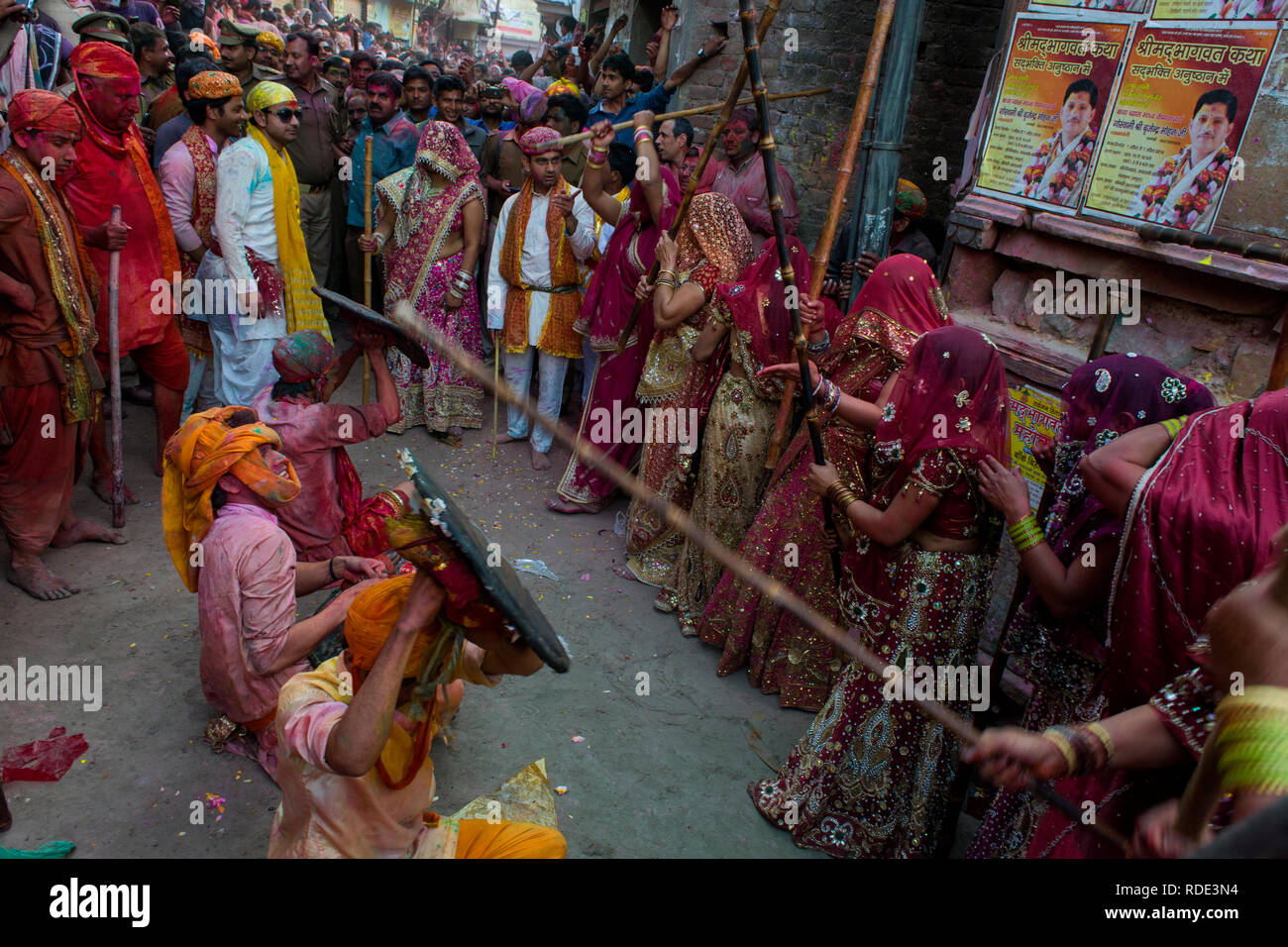 Lathmar Holi in Uttar Pradesh, Indien. Stockfoto