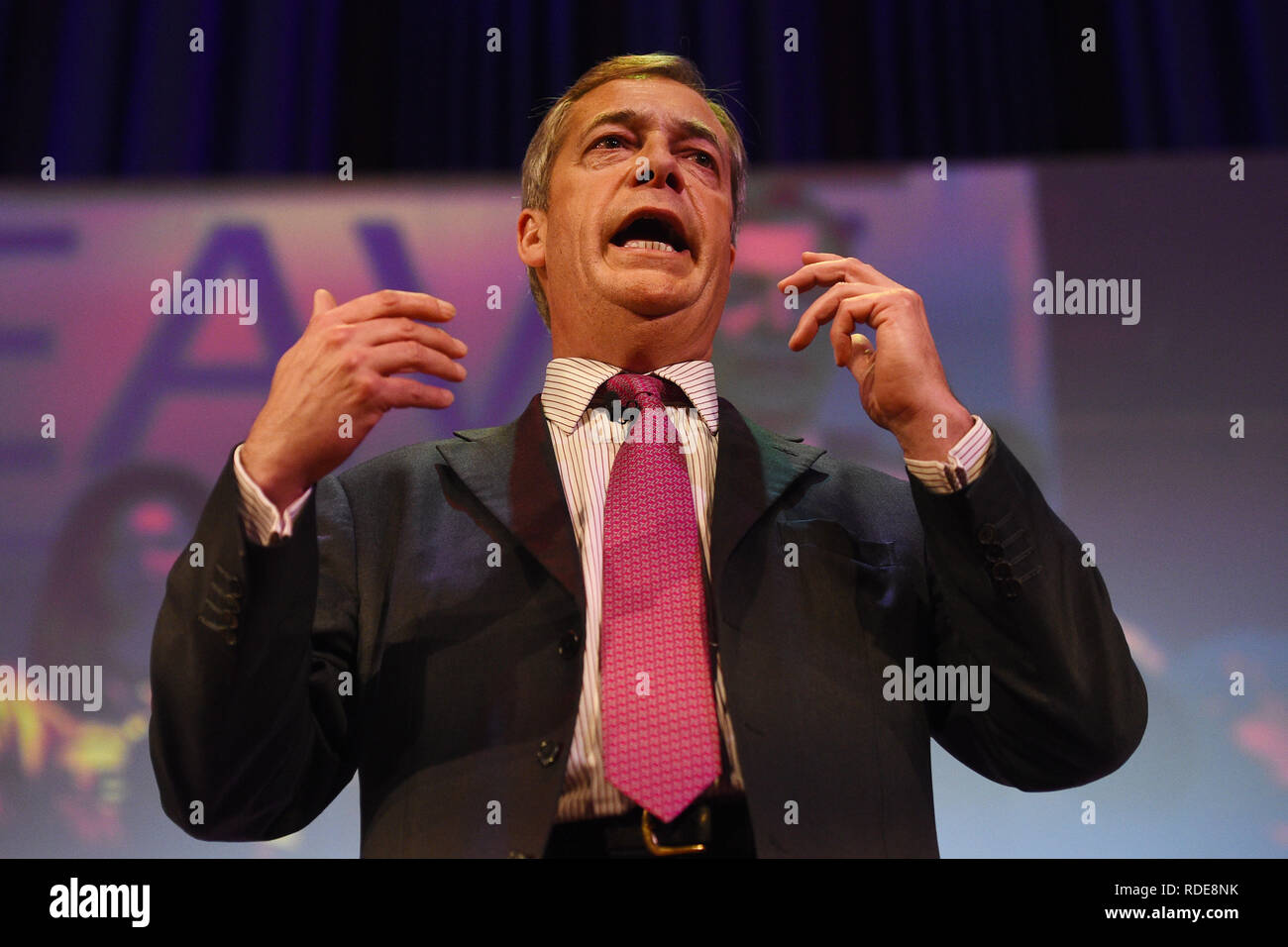 Nigel Farage bei einer Verlassen bedeutet Kundgebung an der Central Hall in London verlassen. Stockfoto