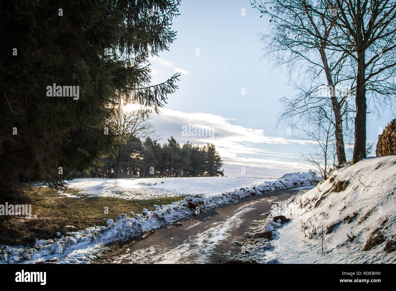 Waldviertel, Wandern im Schnee an einem sonnigen Tag Stockfoto