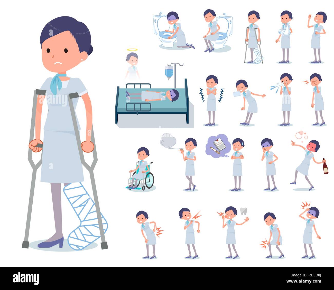 Eine Reihe von berufstätigen Frauen mit Verletzung und Krankheit. Es sind Aktionen, express Abhängigkeit und Tod. Es ist Vektor Kunst so ist es leicht zu bearbeiten. Stock Vektor