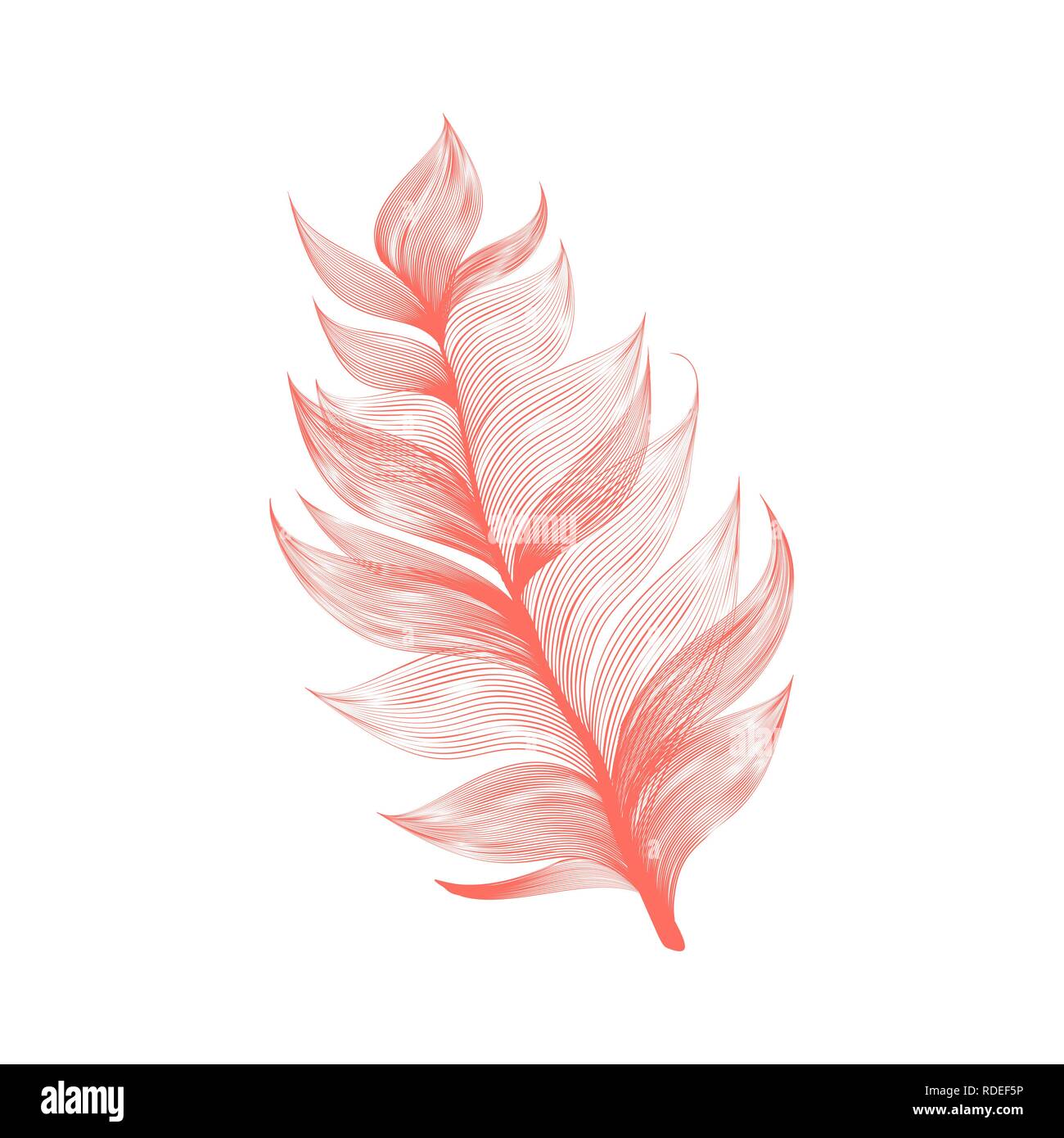 Isolierte fallende lebende Koralle Farbe flauschige Federbetten im realistischen Stil. Leicht pelzigen Fuzz Icon Design. Vektorgrafik Vogel Flügelkantel Stock Vektor