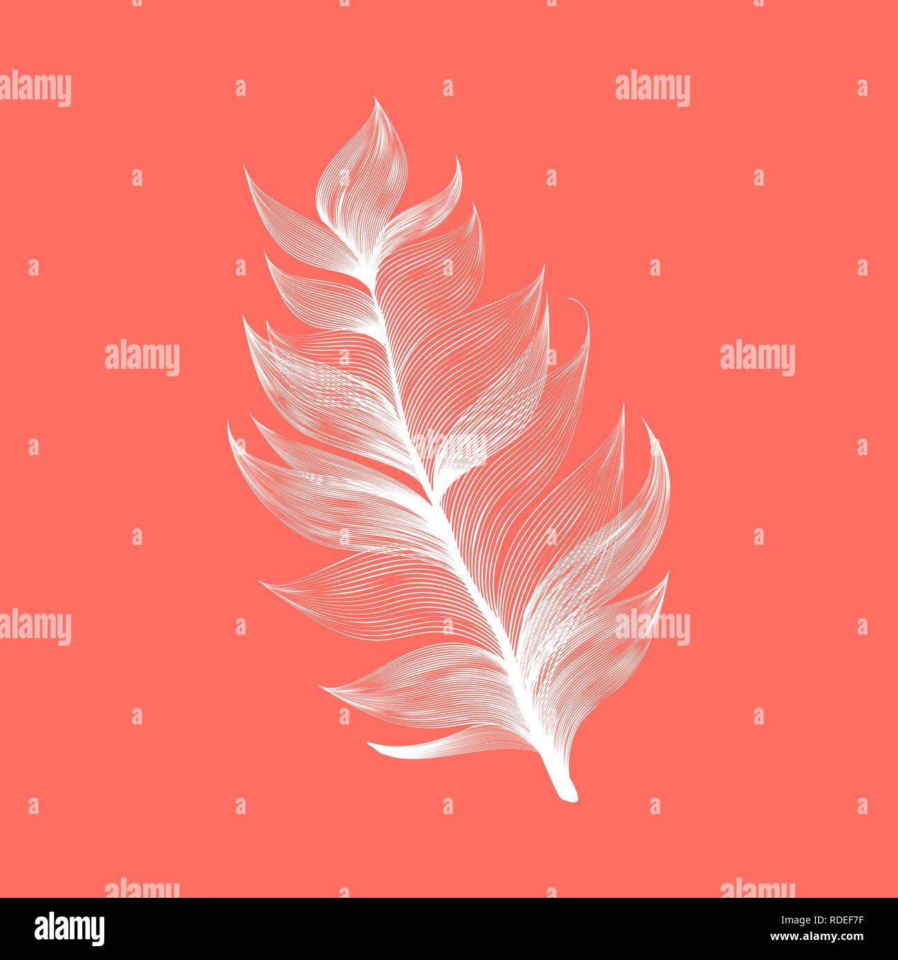 Isolierte fallende lebende Koralle Farbe flauschige Federbetten im realistischen Stil. Leicht pelzigen Fuzz Icon Design. Vektorgrafik Vogel Flügelkantel Stock Vektor