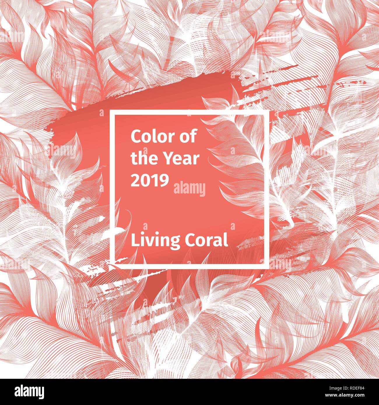 Rosa lebende Koralle und Weiß trendige Farbpalette 2019 Jahr mit Federn und quadratischen Rahmen mit Farbe. Vector Social Media Banner Vorlage Stock Vektor