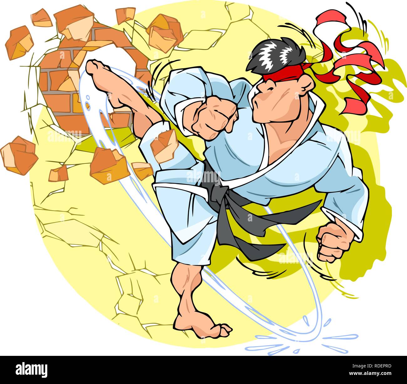 In Vector Illustration, ein Karate Mann tritt eine Mauer mit einem Stoß. Er ist mit einem weissen Kimono gekleidet. Stock Vektor