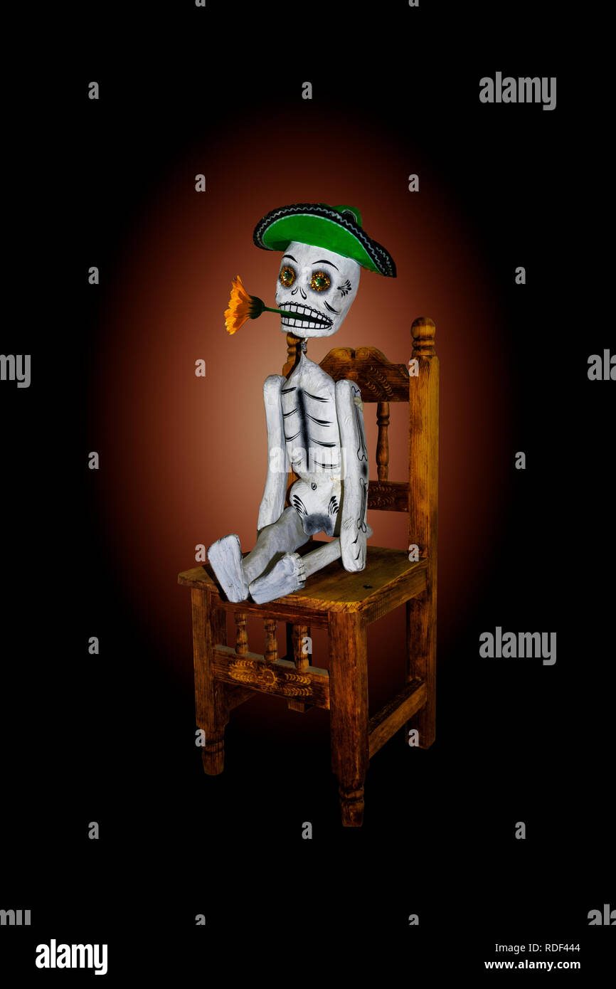 Tag der Toten, Halloween, Skelett mit grünen Mexican Hat sitzen auf einem hölzernen Stuhl mit sammetblume Blume im Maul, Vignette zu Schwarz backgrou Stockfoto