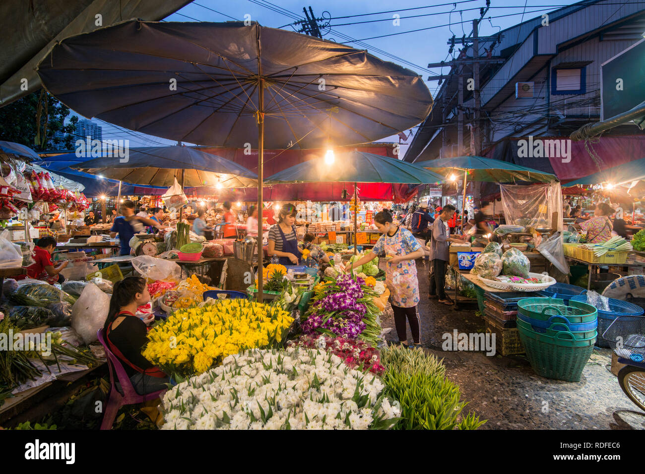 Blumen am Khlong Toey Marktes in Khlong Toey in Bangkok in Thailand in Südostasien. Thailand, Bangkok, November 2018 Stockfoto