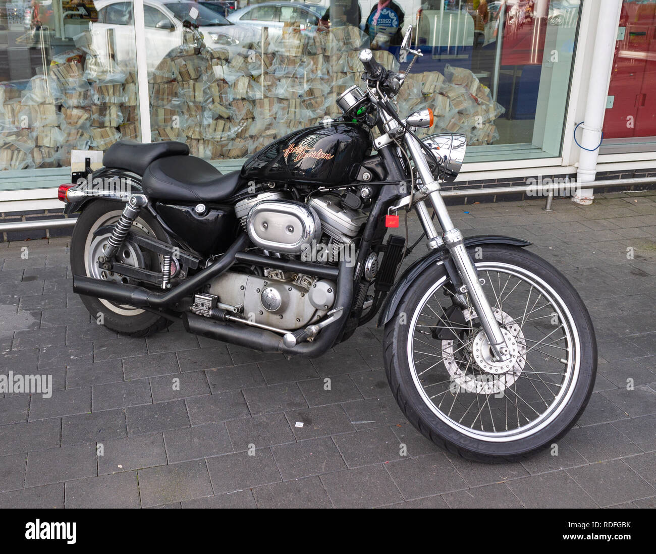 Schwarz Harley Davidson Motorrad Stockfoto