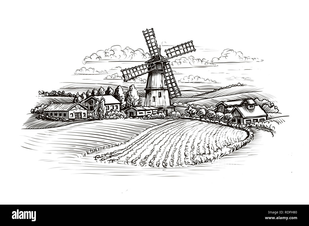 Ländliche Landschaft Skizze. Bauernhof, Mühle und Feld. Vintage Abbildung Stockfoto