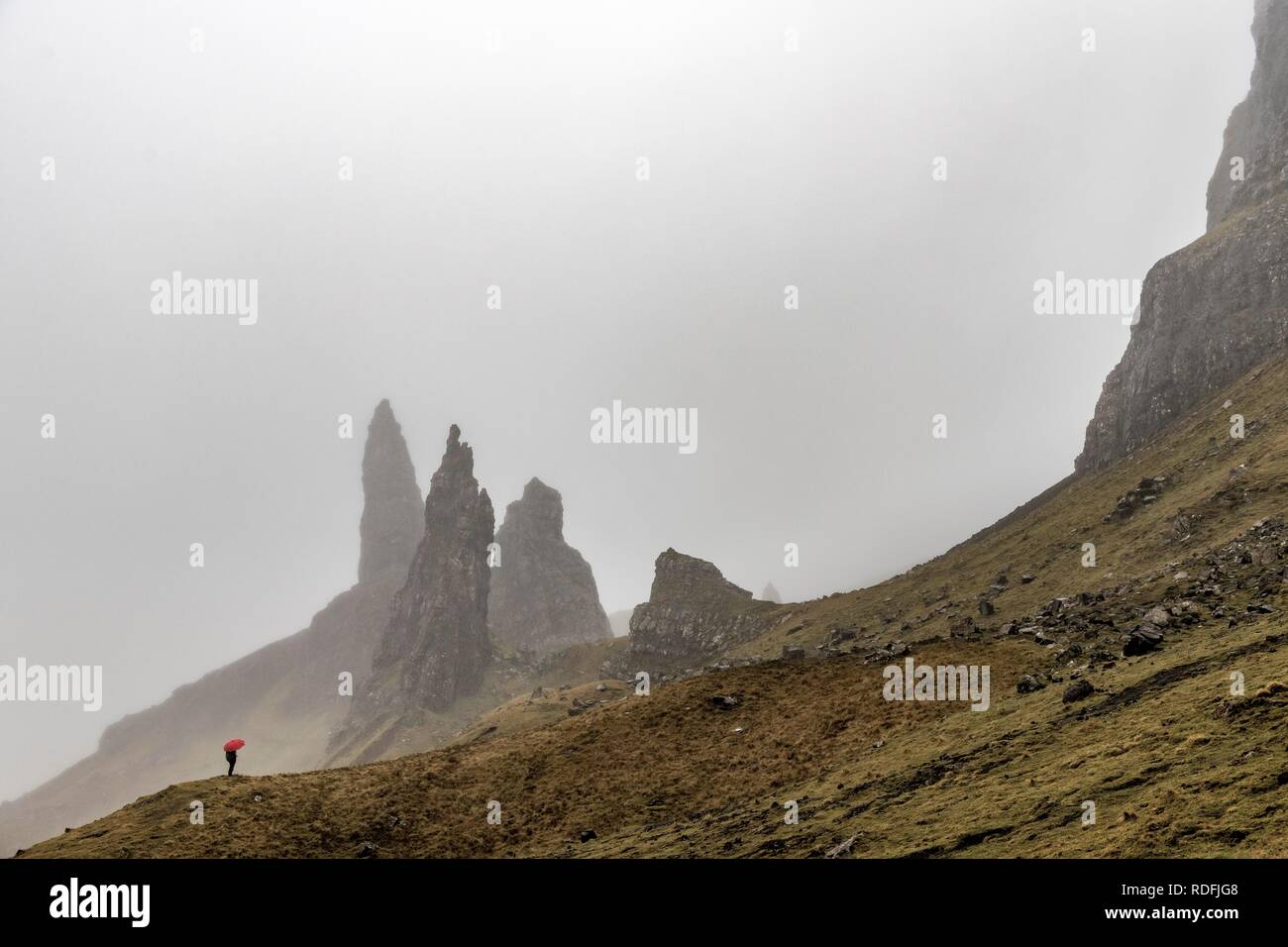 Rock alte Mann der Storr mit touristischen mit roten Regenschirm in Nebel, Portree, Isle of Sky, Schottland, Großbritannien Stockfoto