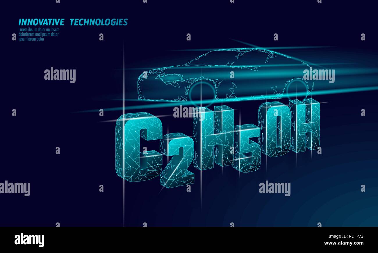 Biokraftstoff Ethanol Formel Auto. Ökologie Wissenschaft C2H5OH Chemie Biotechnologie eco-Konzept. Erneuerbare Bioraffinerie organische Gas 3D-Render polygonalen Innovation Technologie Vector Illustration Stock Vektor