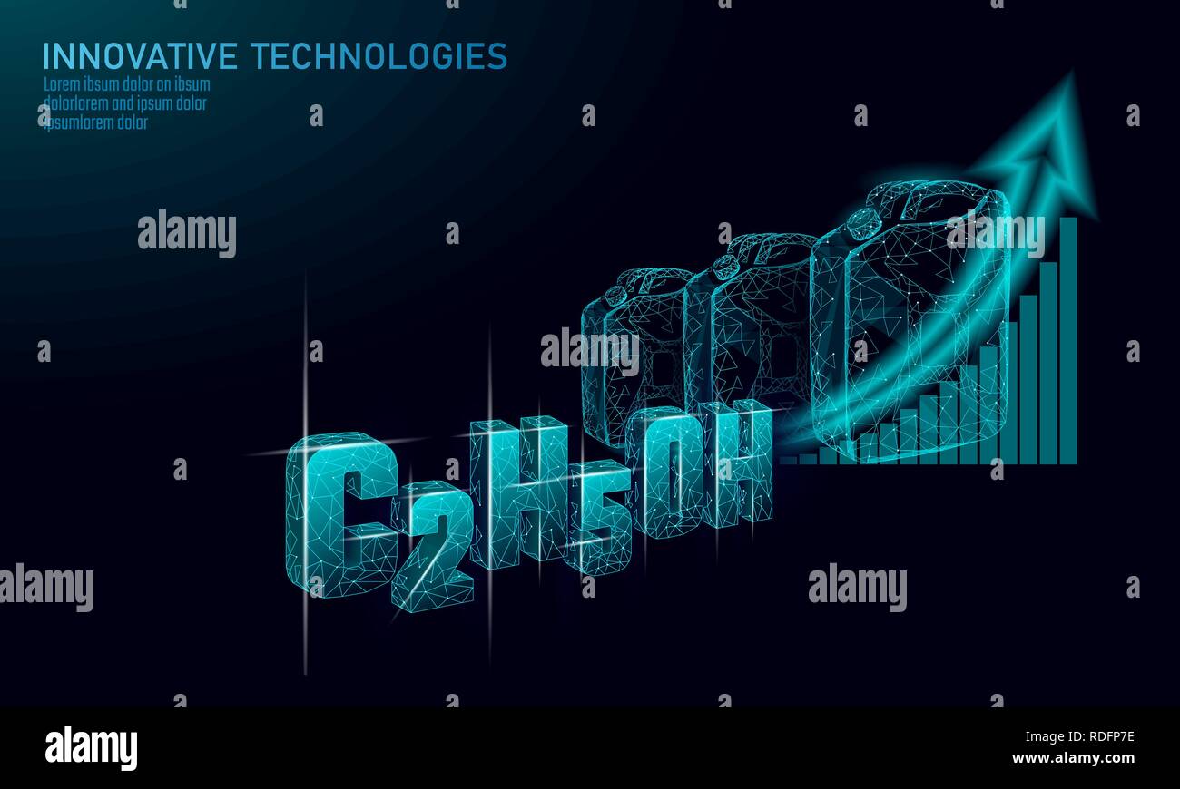 Ethanol Formel Biokraftstoffindustrie Trend. Ökologie Wissenschaft C2H5OH eco-Konzept Grafik. Erneuerbare Bioraffinerie organische Gas 3D-Render polygonalen Innovation Technologie Vector Illustration Stock Vektor