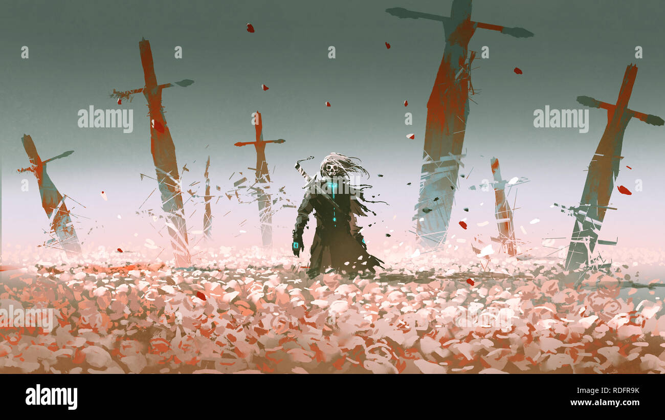 Todesritter allein in der rose Feld mit großen gebrochenen Schwerter in den Boden stecken, digital art Stil, Illustration Malerei Stockfoto