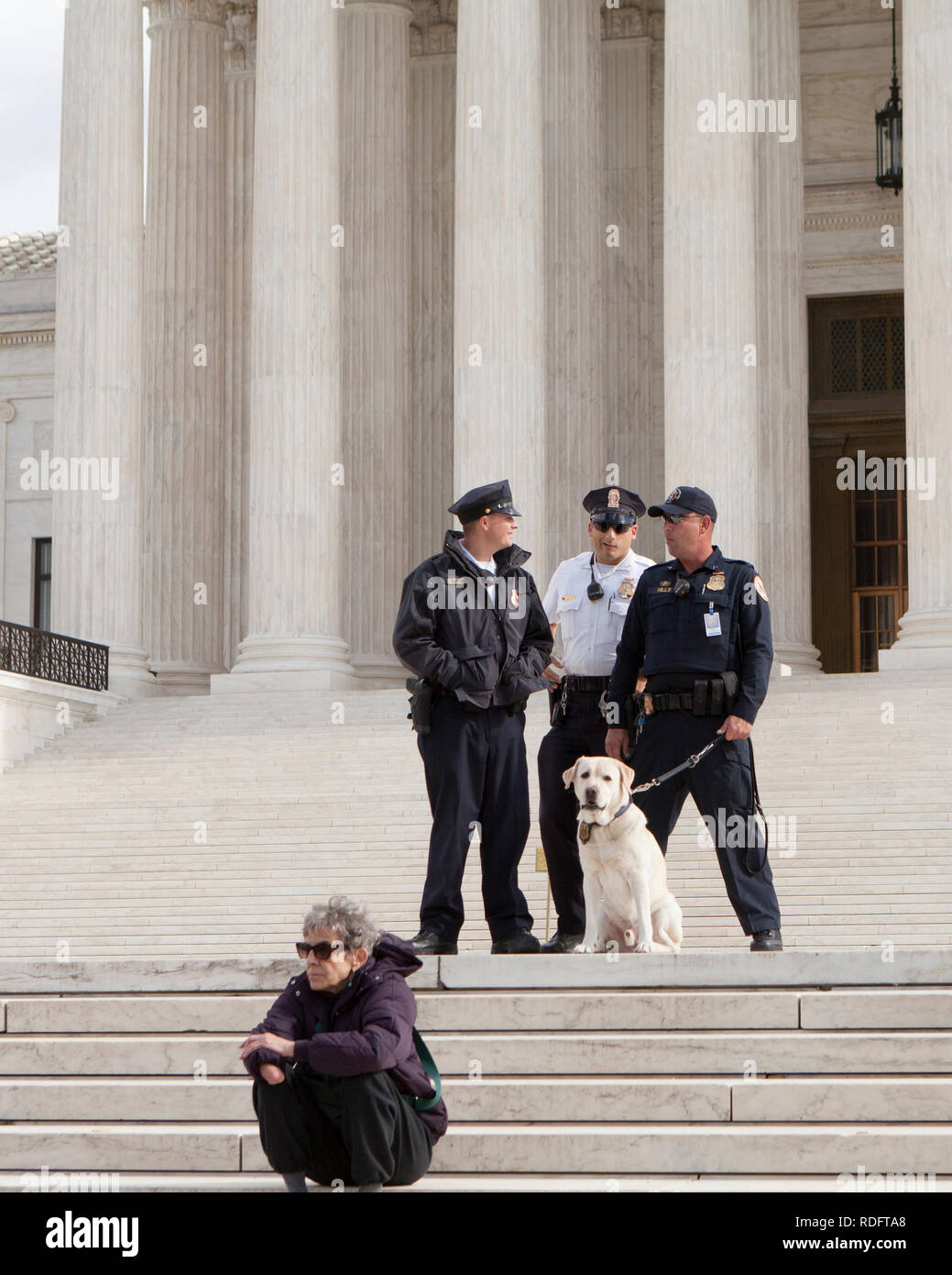 Die Polizei des Obersten Gerichtshofs und der Polizeihund stehen an der vorderen Treppe des Gerichtsgebäudes - Washington, DC USA Stockfoto