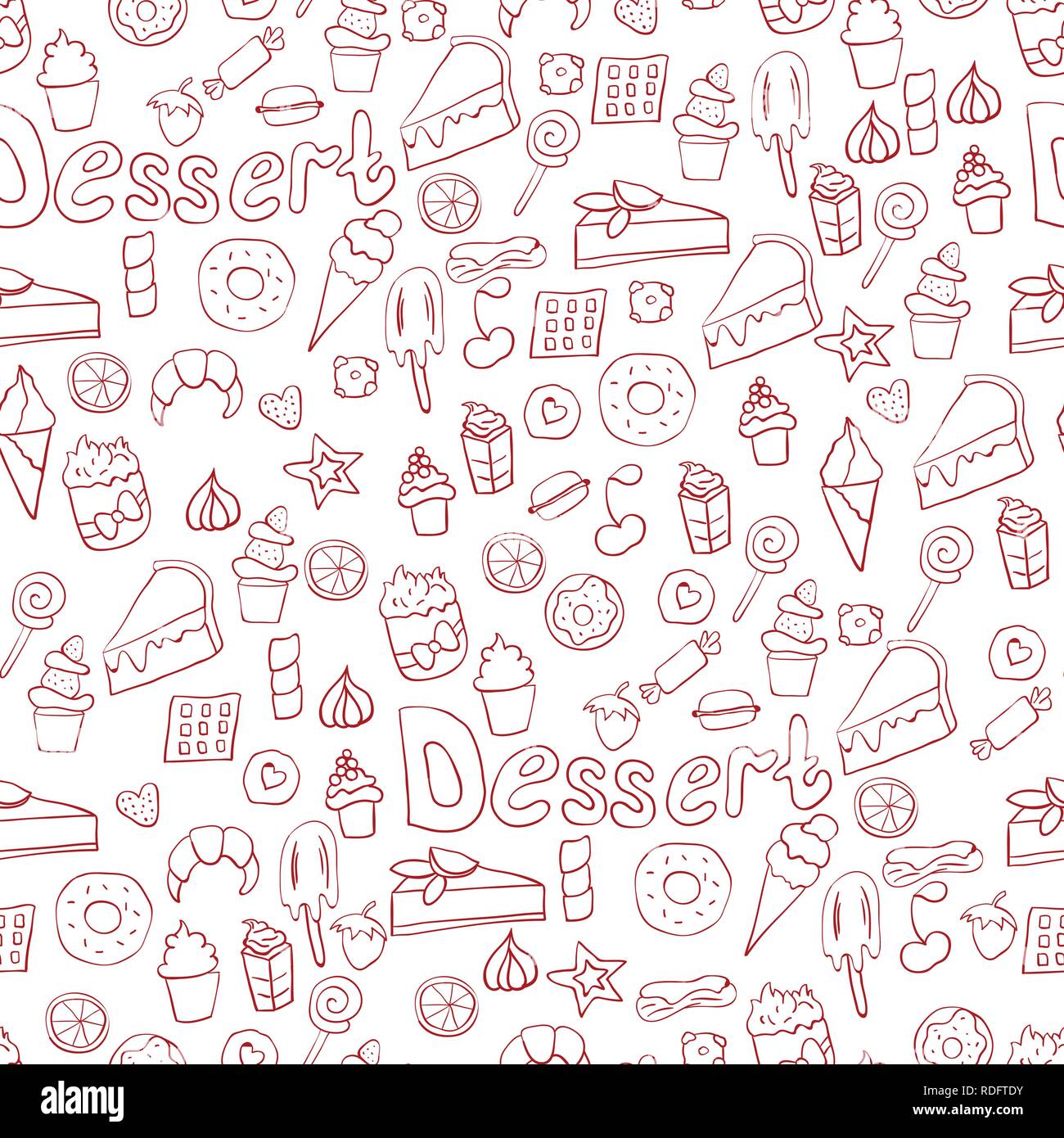 Doodle Abbildung: Desserts und Gebäck. Hand gezeichnet Vector Illustration im Cartoon Stil. Süßspeisen und Desserts Stock Vektor