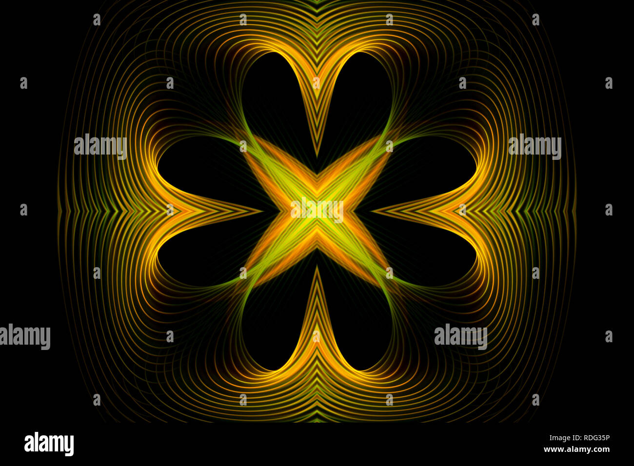 Abstrakte Motion Graphics mit Gelb Spiralen und Fraktale auf schwarzem Hintergrund. Parametrische Bewegung. Abstrakte futuristischen Raum Hintergrund. Stockfoto