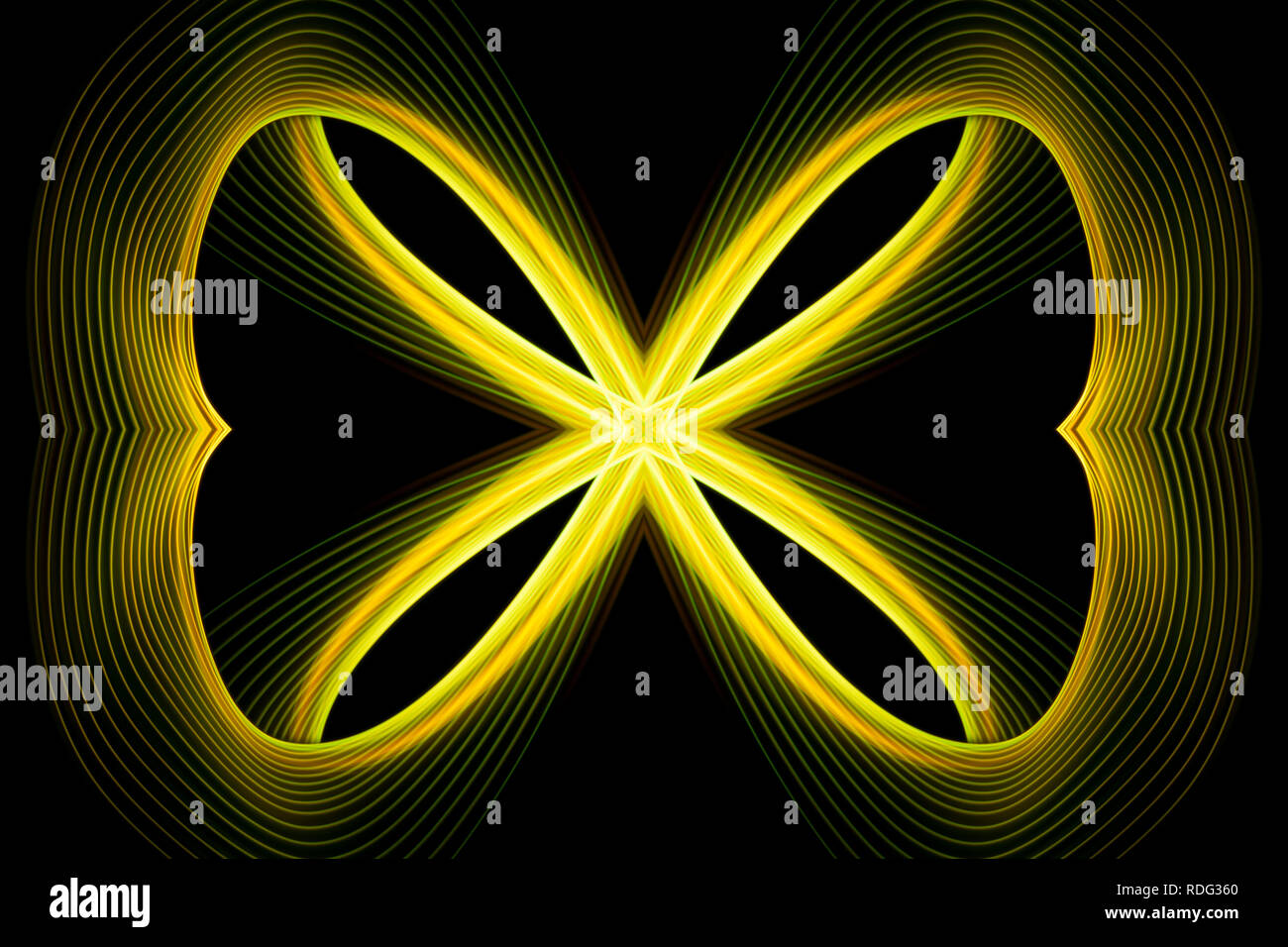 Abstrakte Motion Graphics mit Gelb Spiralen und Fraktale auf schwarzem Hintergrund. Parametrische Bewegung. Abstrakte futuristischen Raum Hintergrund. Stockfoto