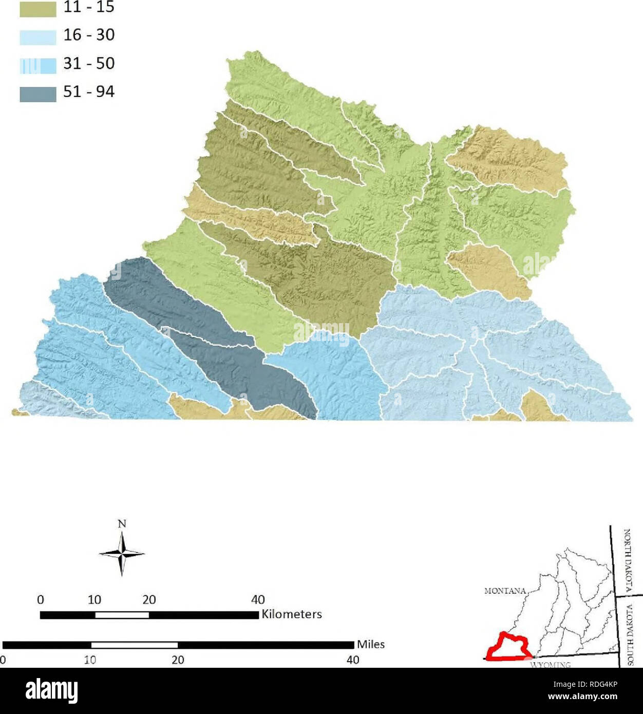 . Südosten Montana Feuchtgebiet Bewertung: die Entwicklung und Verfeinerung von Montana Feuchtgebiet Bewertung und Überwachung der Strategie. Feuchtgebiete; Feuchtgebiet Ökologie. Obere Zunge Fluss-wasserscheide Morgen verändert Palustrine Feuchtgebiete 0-5 6-10. Abbildung 35. Morgen der anthropogen veränderten palustrine Feuchtgebiete (d. h., einem Graben, ausgelaugt, beschlagnahmt, ausgegraben, Federwild) von 6 Code hydrologischen Einheit in der oberen Zunge River. 85. Bitte beachten Sie, dass diese Bilder extrahiert werden aus der gescannten Seite Bilder, die digital haben für die Lesbarkeit verbessert - Färbung und Aussehen dieser Abbildungen können nicht perf Stockfoto