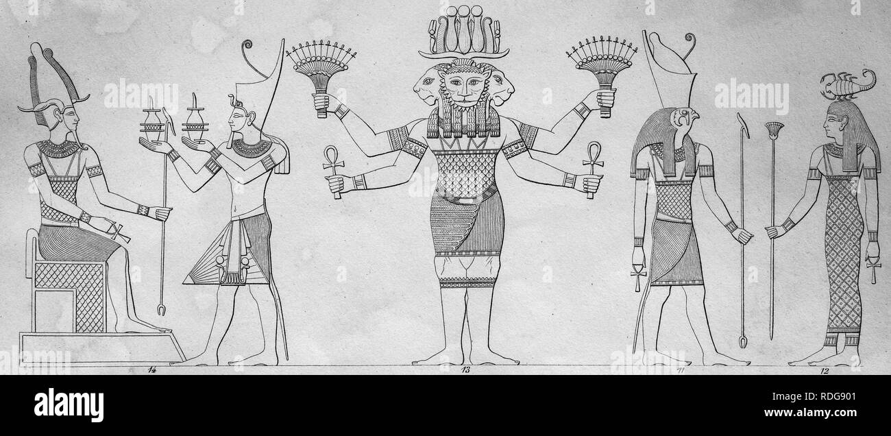 Szenen der Antike, die ägyptischen Götter, Osiris und König Seti, äthiopischen Gott Horus, Selk, von links, historischer Stahlstich Stockfoto