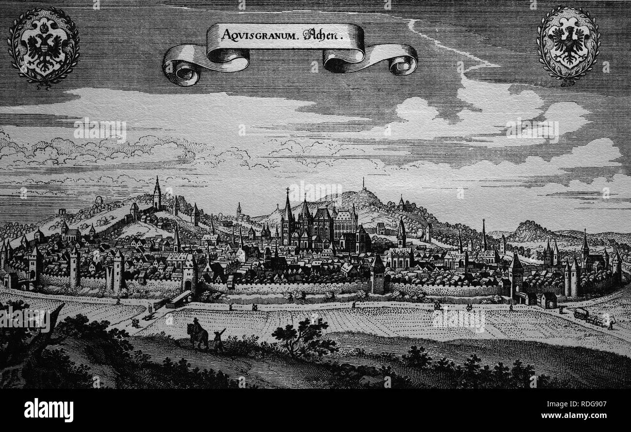 Aachen, Deutschland, im 17. Jahrhundert, historische Stahlstich Stockfoto