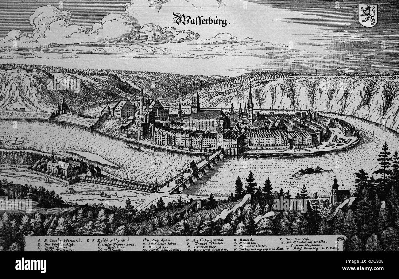 Wasserburg, Deutschland, im 17. Jahrhundert, historische Stahlstich Stockfoto