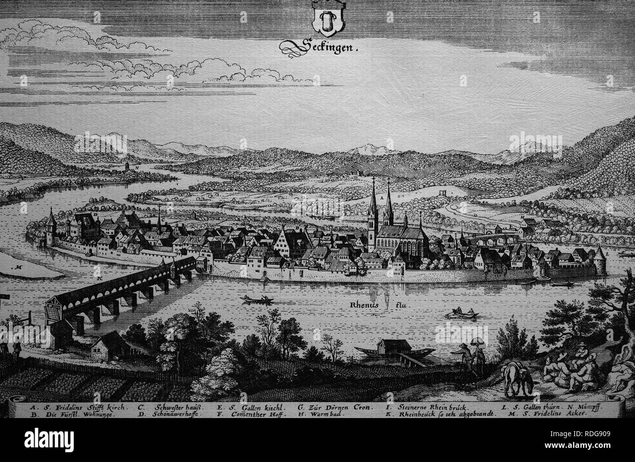 Seckingen, Deutschland, im 17. Jahrhundert, historische Stahlstich Stockfoto