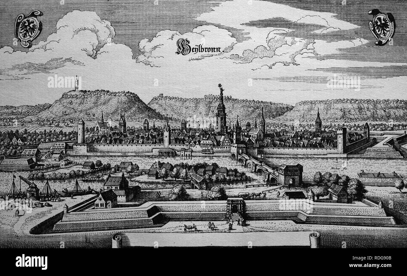 Heilbronn, Deutschland, im 17. Jahrhundert, historische Stahlstich Stockfoto