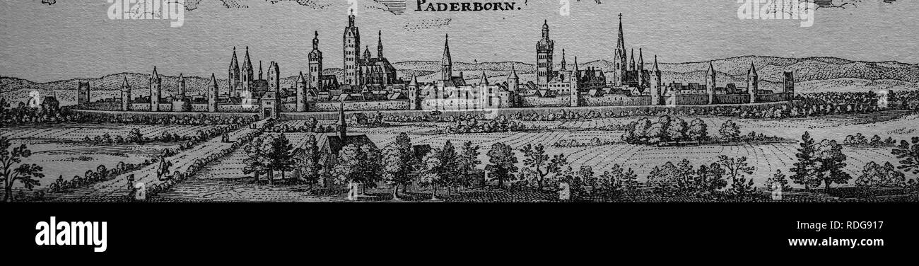 Paderborn, Deutschland, im 17. Jahrhundert, historische Stahlstich Stockfoto