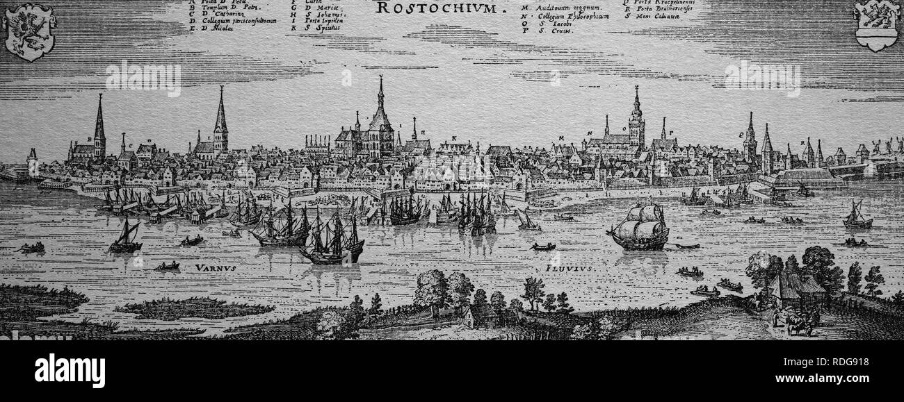 Rostock, Deutschland, im 17. Jahrhundert, historische Stahlstich Stockfoto